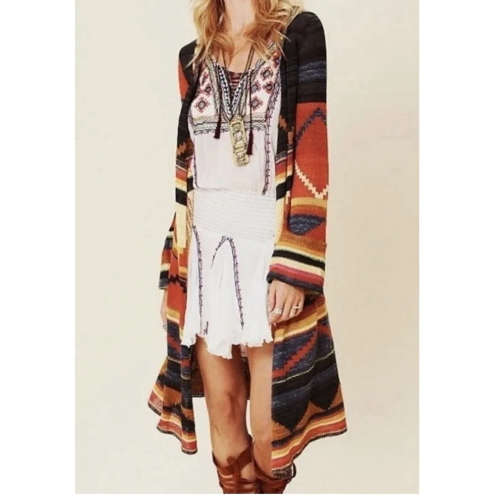 Free People Aztec Lima Duster Cardigan L Hooded Southwestern Boho Festival Wool